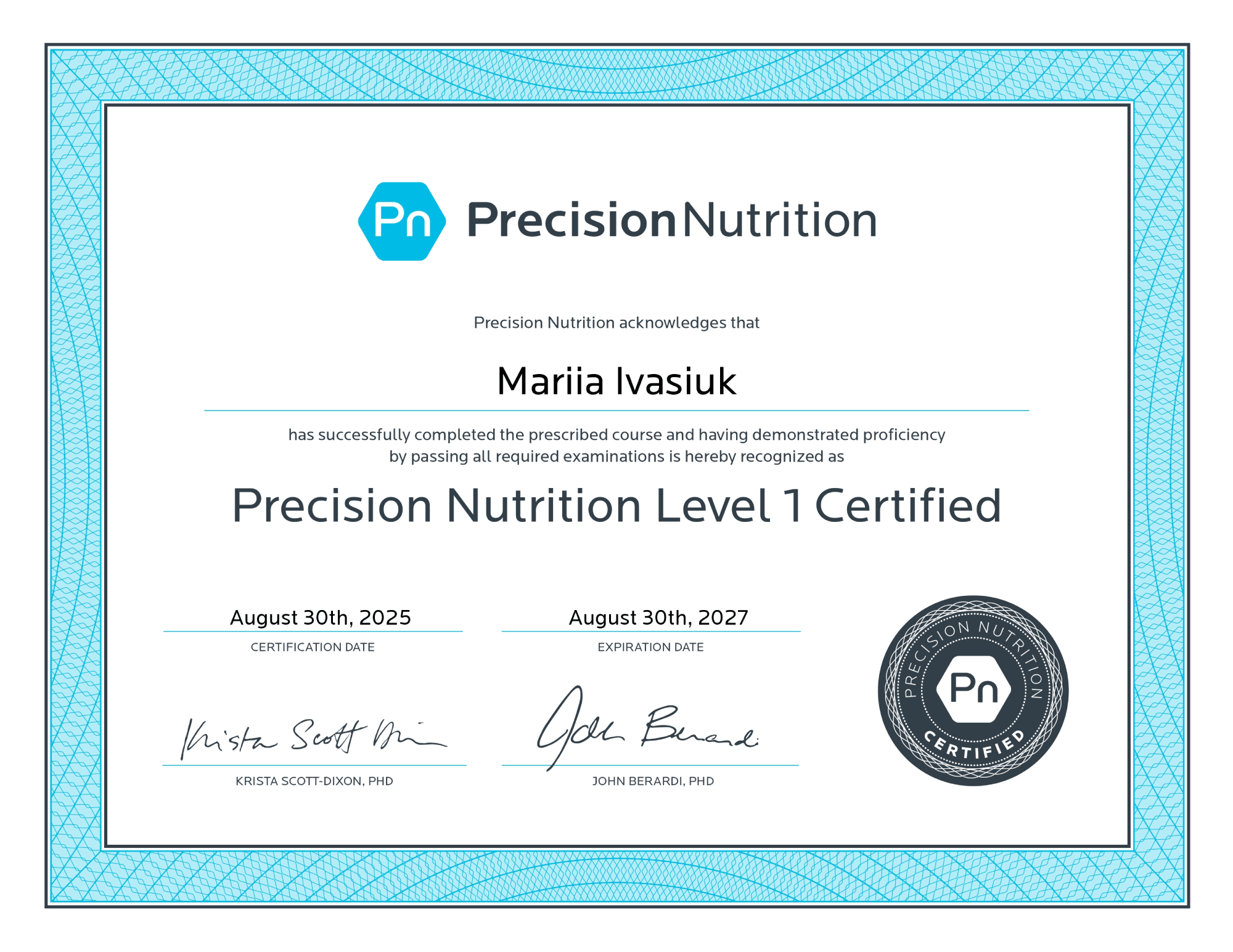 Precision Nutrition Level 1 Certified